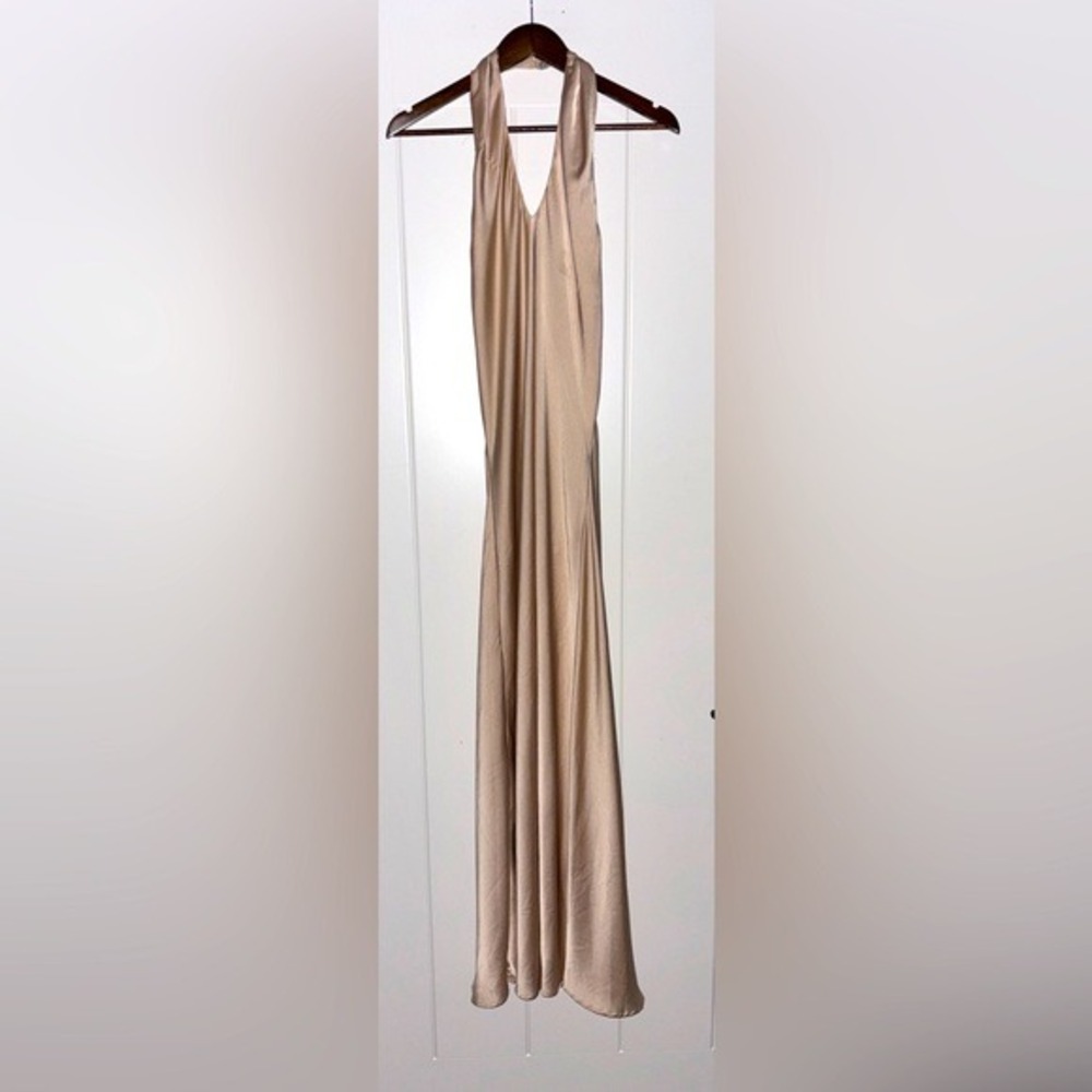 Show Me Your Mumu Jasmine Halter Maxi‎ Dress Rose Gold Luxe Satin L NWT